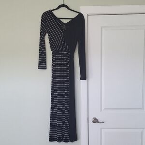 Black and White Striped Long-Sleeve Wrap Maxi Dress